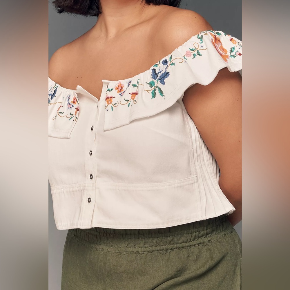 Embroidered White Ruffle-Sleeve Button Front Top - Picture 10 of 12